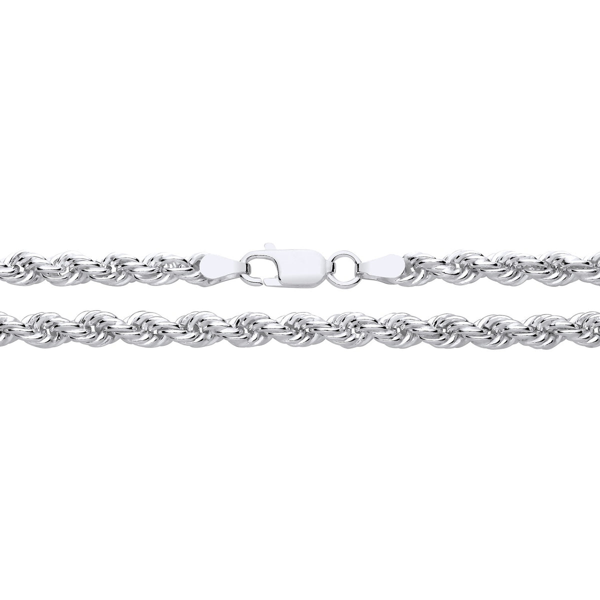 A 4.3mm sterling silver hollow rope chain necklace with a lobster clasp is shown on a white background.