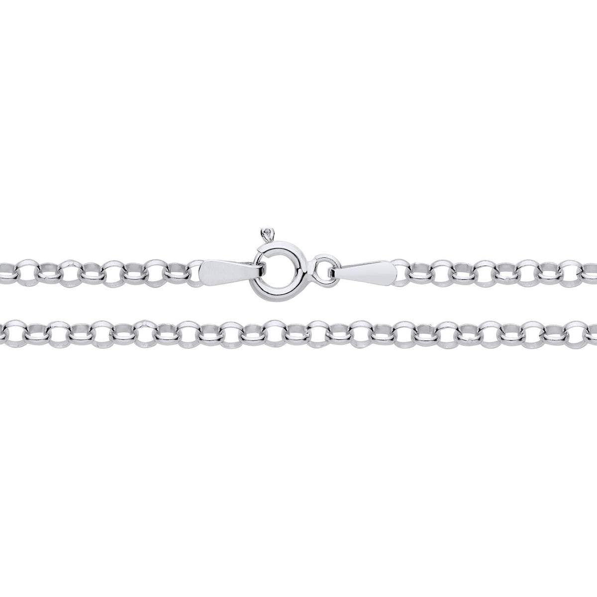 A 2.7mm sterling silver Belcher chain necklace with round links and a spring ring clasp, displayed flat on white.