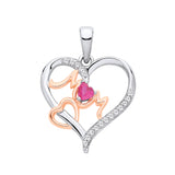 Two-tone rose gold plated silver heart pendant with “Mum,” simulated ruby, and sparkling accents by Silversmiths.