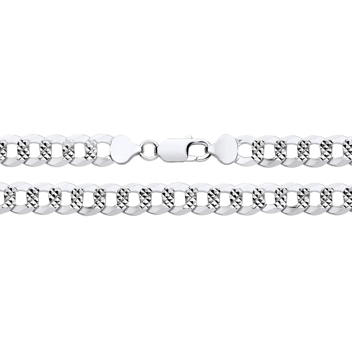 A 9mm sterling silver curb chain necklace with diamond-cut flat links and a lobster clasp.