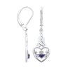 Sterling silver Claddagh drop earrings feature simulated tanzanite stones and a Celtic-inspired design.