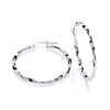 A pair of 30mm sterling silver twist hoop earrings, one lying flat and one upright, on a white background.
