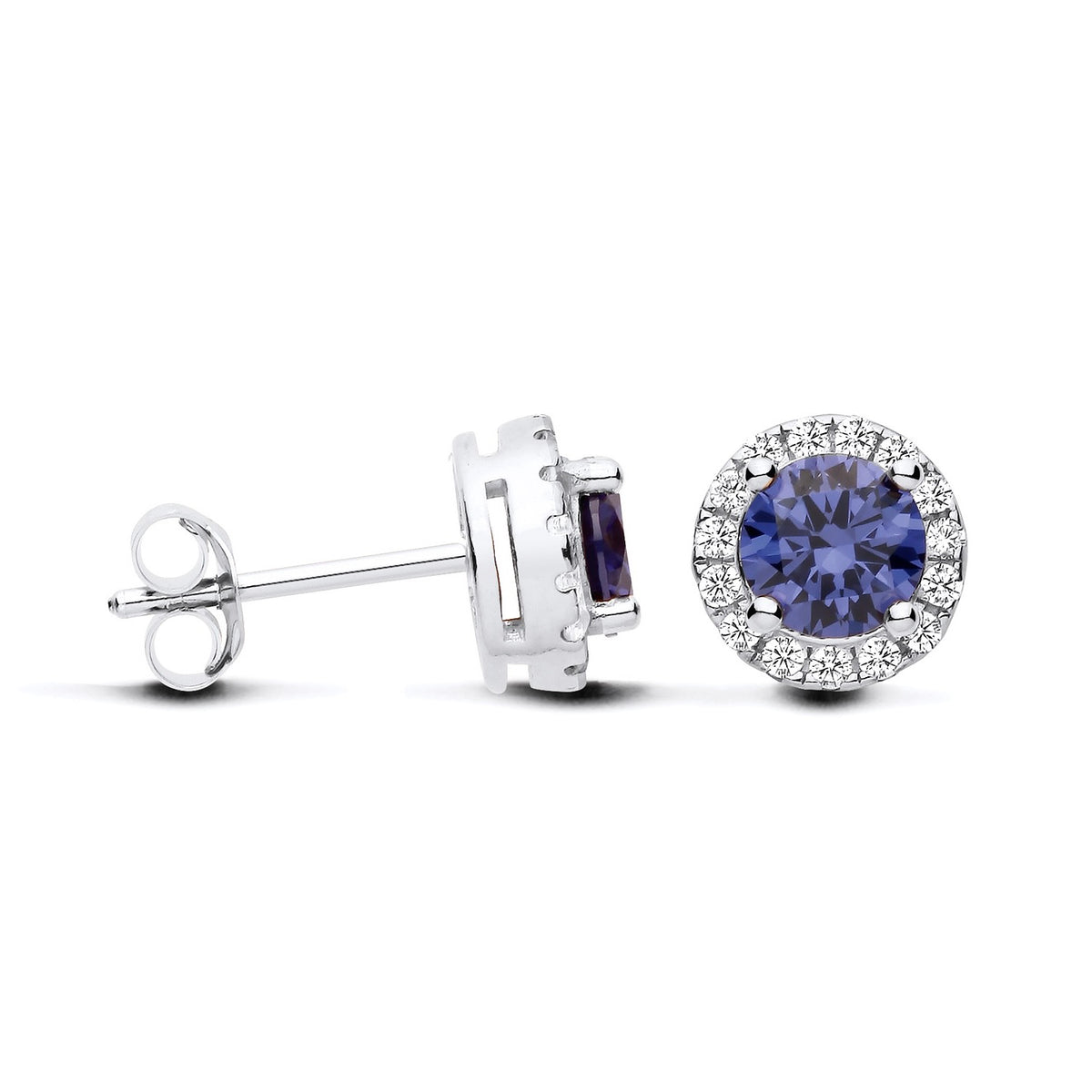 Sterling silver stud earrings feature simulated tanzanite blue stones surrounded by CZ halos in a silver setting.