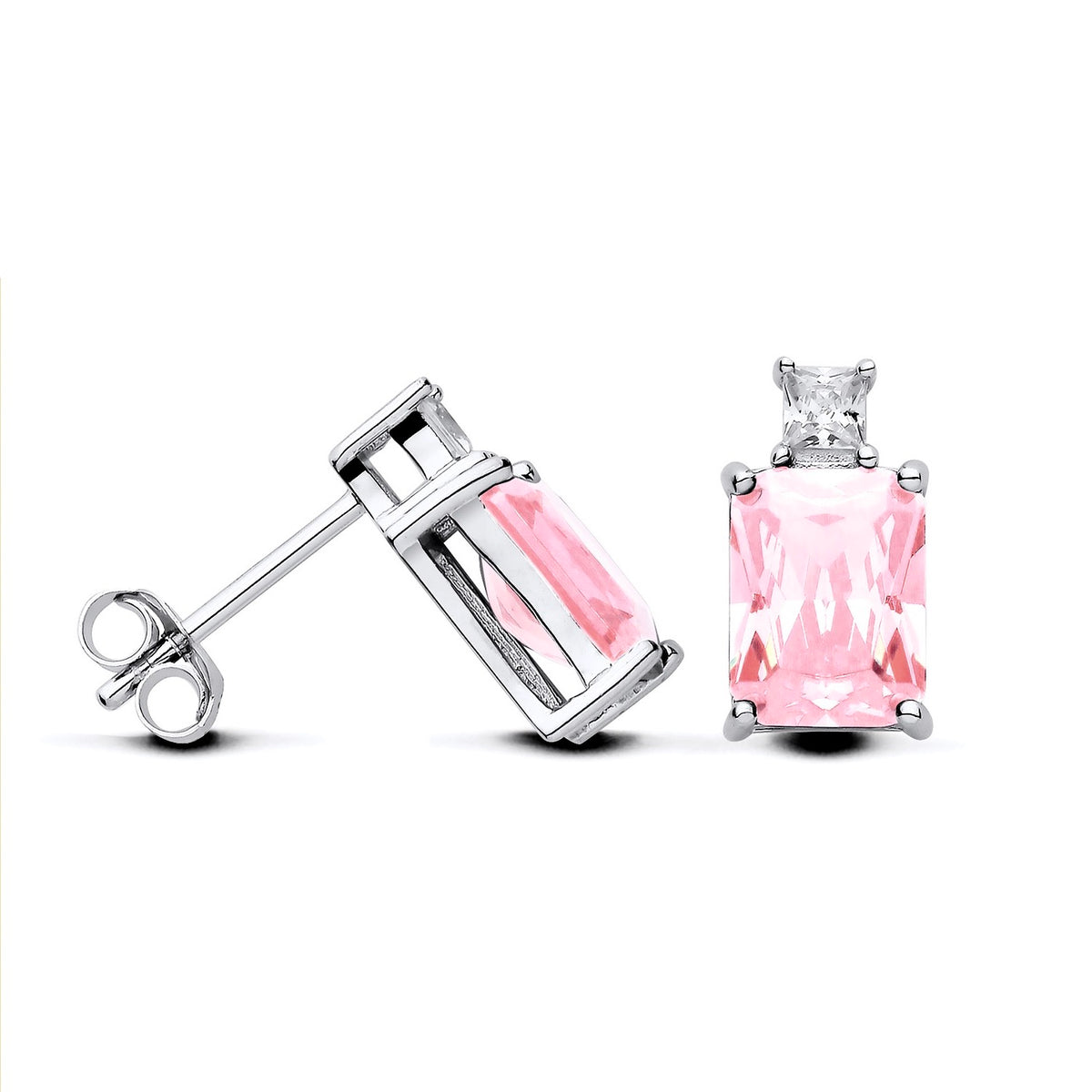 Sterling silver stud earrings with emerald-cut simulated pink sapphire and clear stone accents.