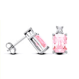 Sterling silver stud earrings with emerald-cut simulated pink sapphire and clear stone accents.