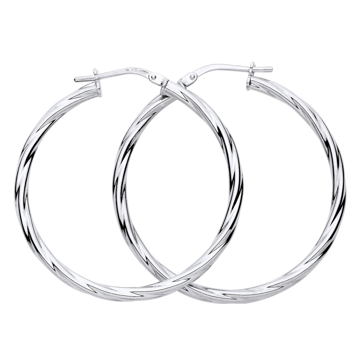 Silversmiths sterling silver 45mm twist hoop earrings with latch backs displayed on a white background.