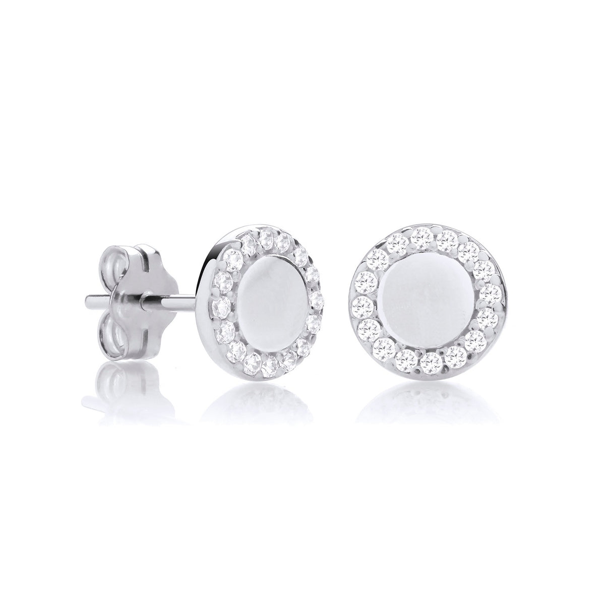 Silversmiths sterling silver stud earrings with cubic zirconia halo, shown against a white background.