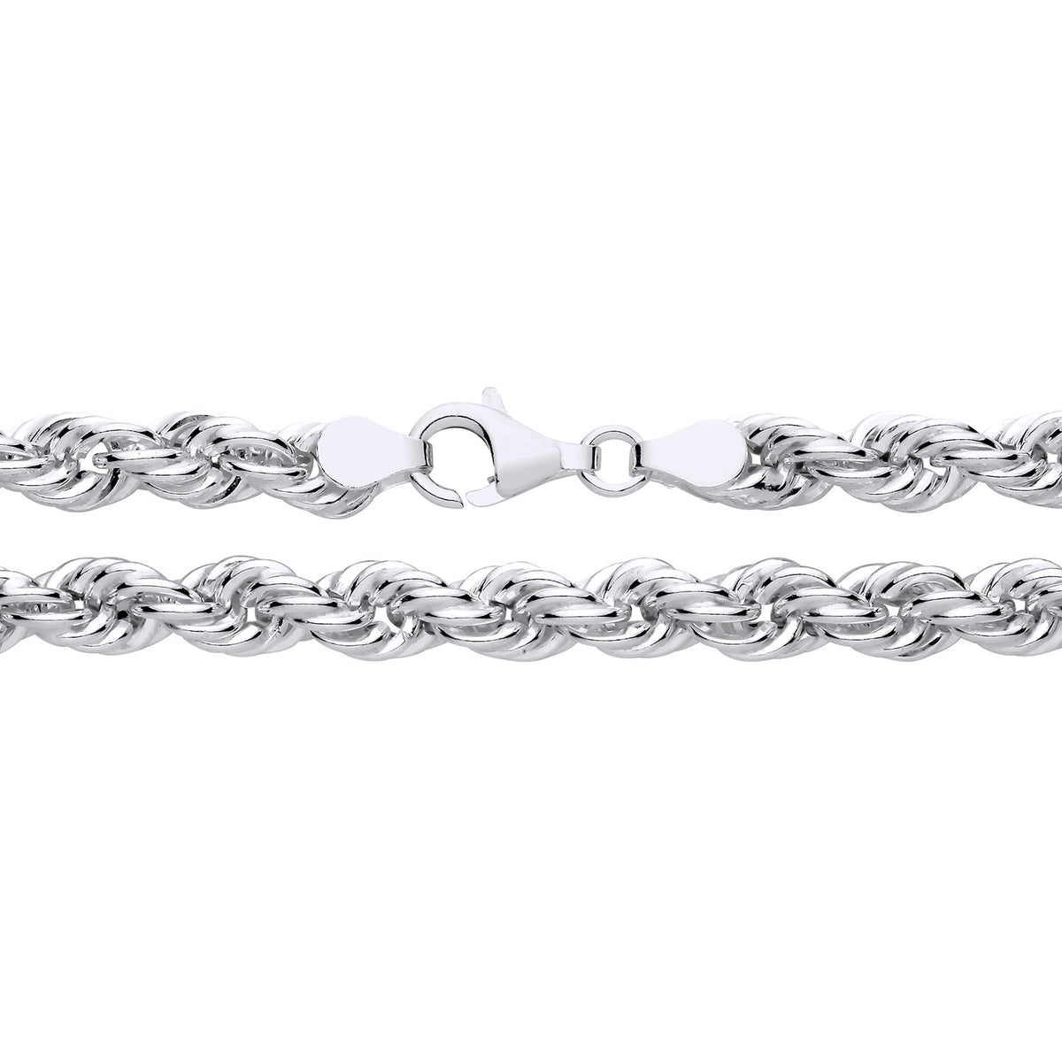 A 6.7mm sterling silver hollow rope chain necklace with a lobster clasp displayed on a white background.