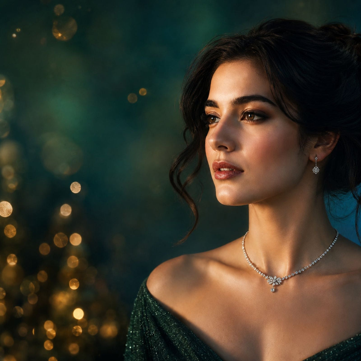 A woman in an off-the-shoulder green dress wears a necklace and earrings, gazing to the side against a blurred, sparkling background with gold and teal tones.
