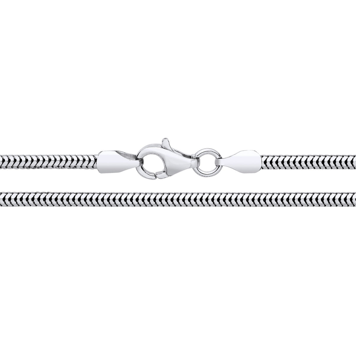 2mm sterling silver snake chain necklace with lobster clasp displayed on a white background.