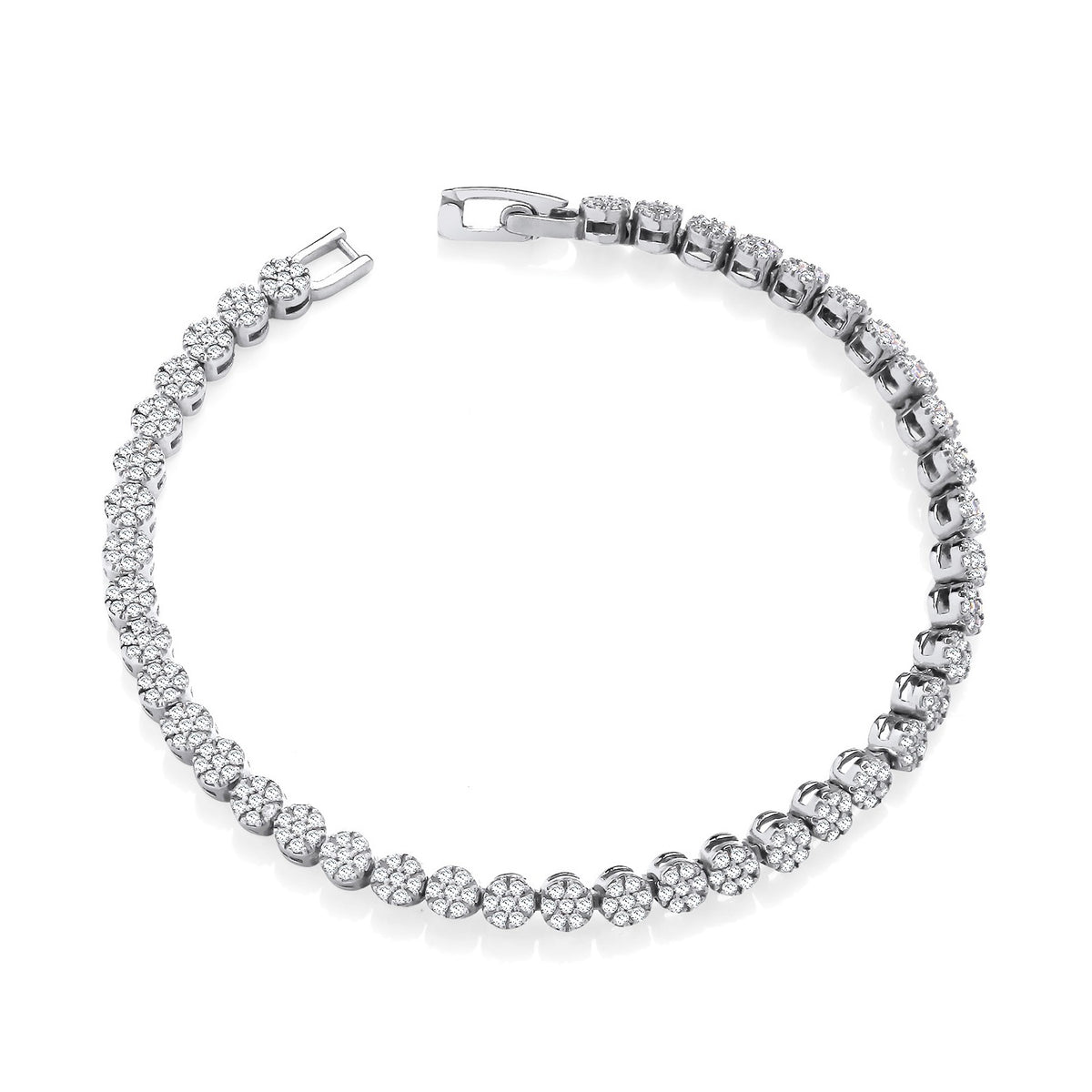 Silversmiths sterling silver tennis bracelet with round cubic zirconia clusters on a white background.