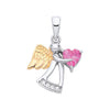 Two-tone gold plated silver angel pendant featuring a simulated ruby and sparkling stones on the dress.