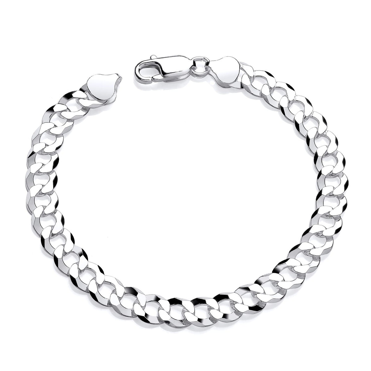 An 8mm men’s curb bracelet made of Sterling Silver by Silversmiths with a lobster clasp on a white background.