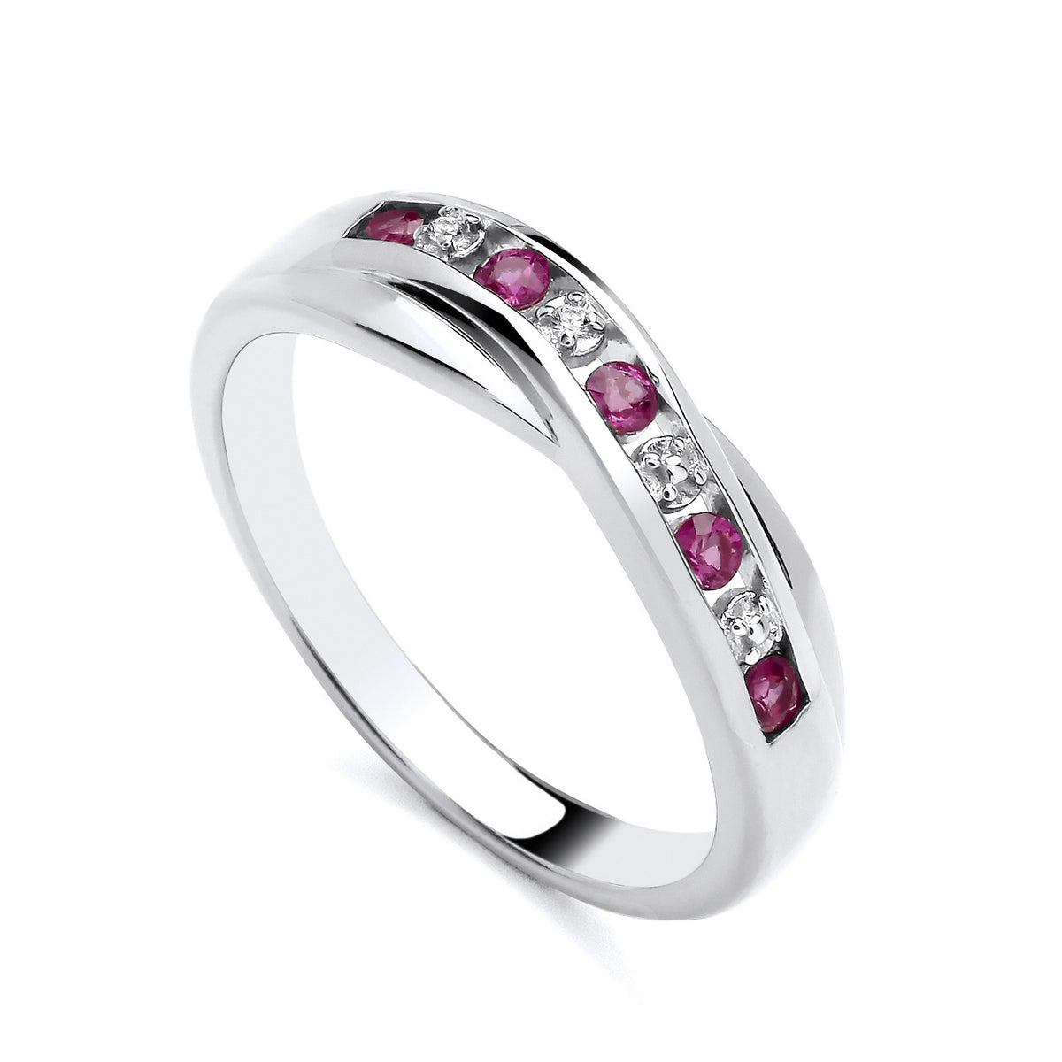 Sterling silver ring with natural rubies and diamonds in a crossover band design by Silversmiths.
