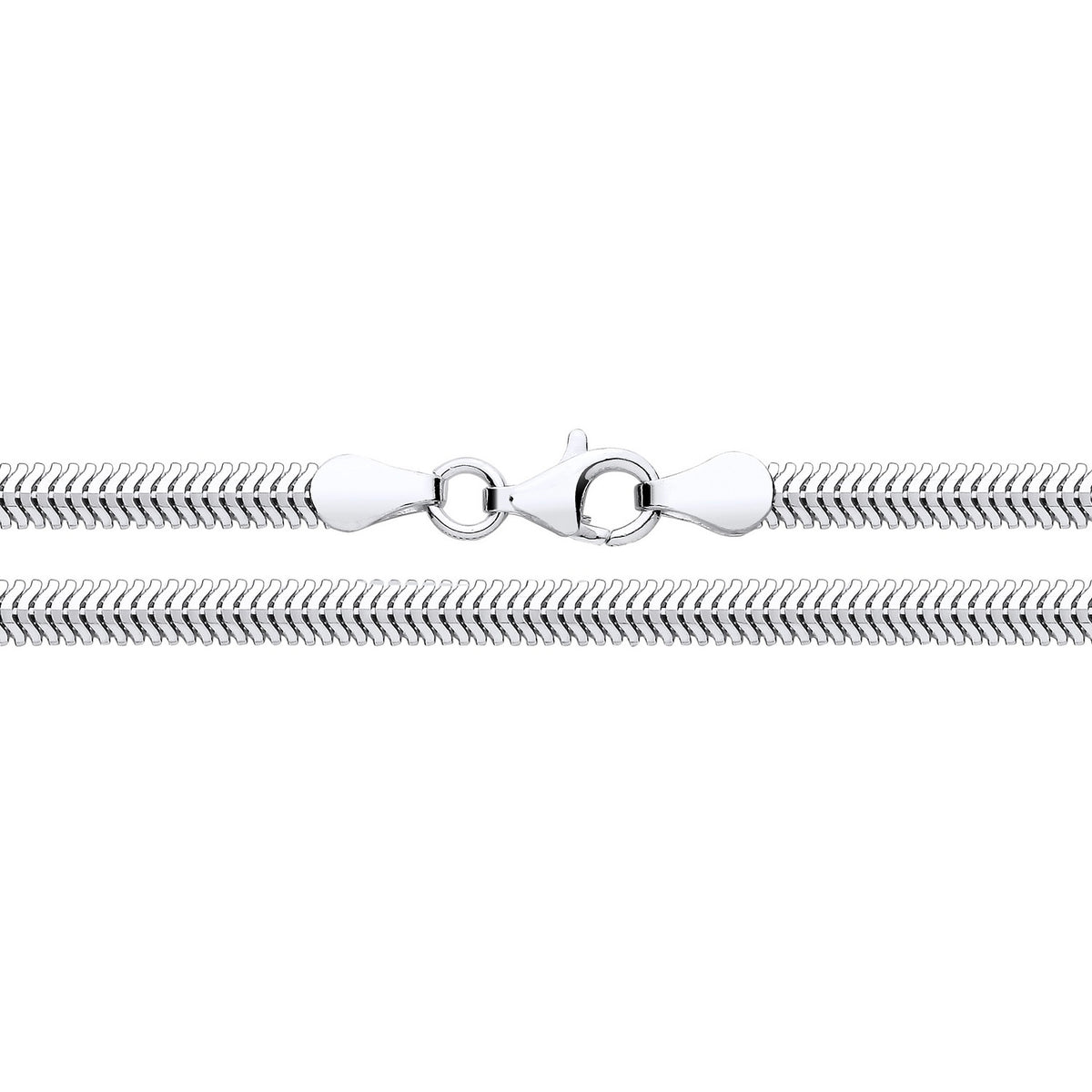 A 3.4mm sterling silver chevron flat snake chain necklace with a lobster clasp is shown on a white background.