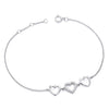 Sterling silver bracelet by Silversmiths featuring three heart charms with cubic zirconia and a classic clasp.
