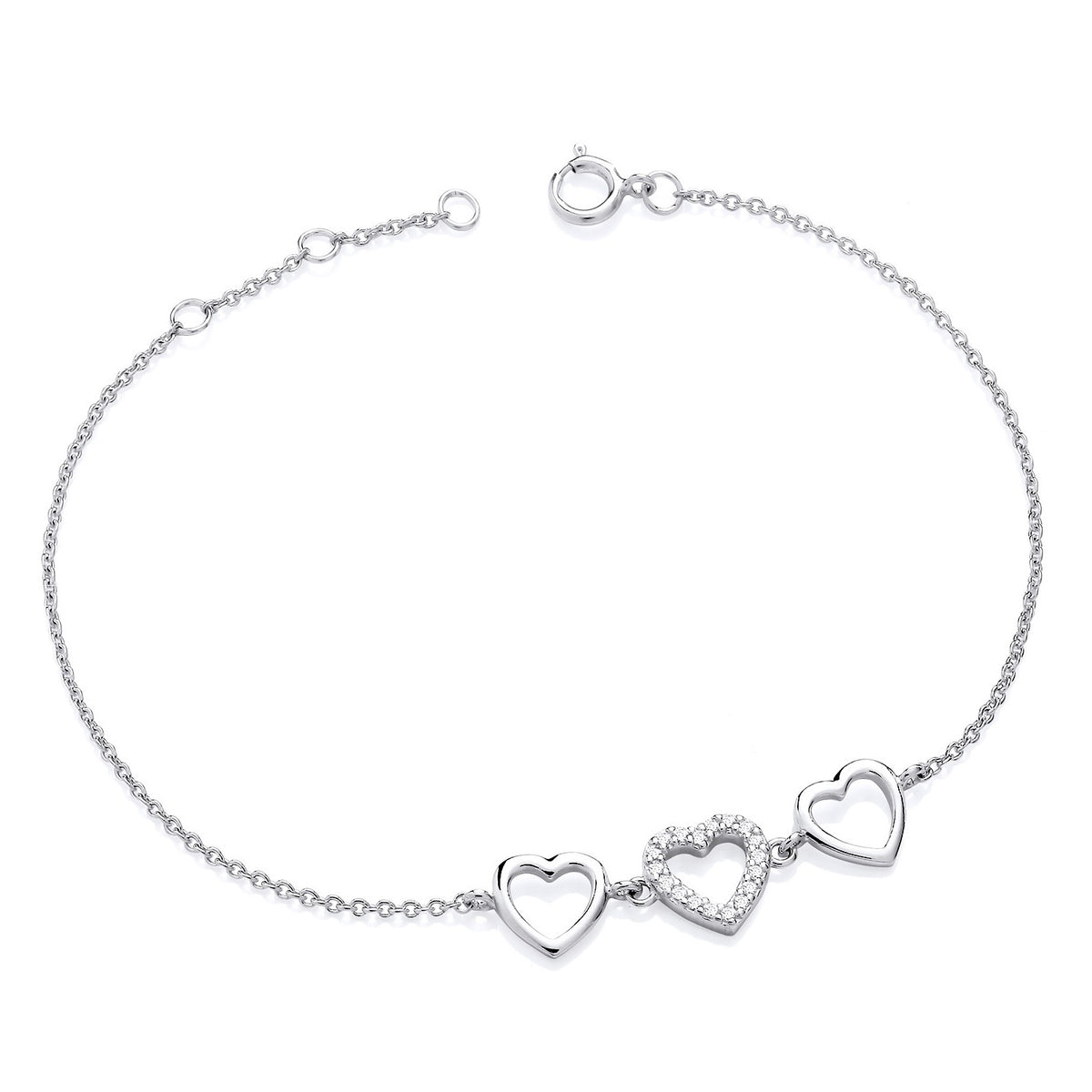 Sterling silver bracelet by Silversmiths featuring three heart charms with cubic zirconia and a classic clasp.