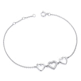 Sterling silver bracelet by Silversmiths featuring three heart charms with cubic zirconia and a classic clasp.