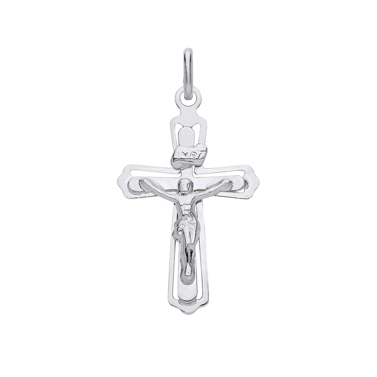 Sterling silver crucifix pendant features a framed design with Jesus figure and an “INRI” inscription at the top.