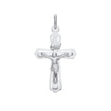 Sterling silver crucifix pendant features a framed design with Jesus figure and an “INRI” inscription at the top.