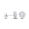7.8mm sterling silver studs with cubic zirconia flower clusters, shown from the front and side views.