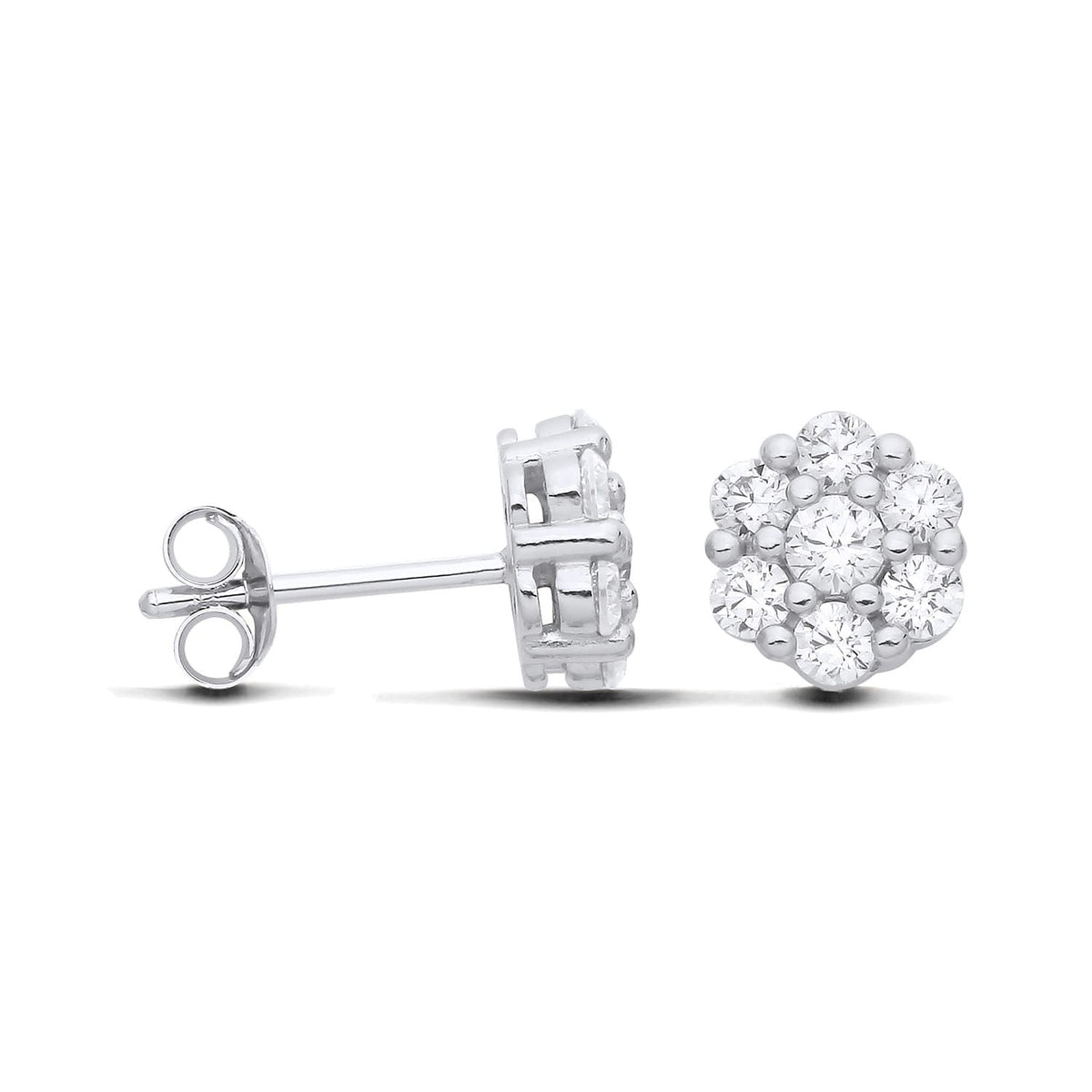 7.8mm sterling silver studs with cubic zirconia flower clusters, shown from the front and side views.
