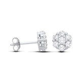 7.8mm sterling silver studs with cubic zirconia flower clusters, shown from the front and side views.