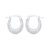 Silversmiths sterling silver oval Creole hoop earrings with Greek key design and hinged clasps on white background.