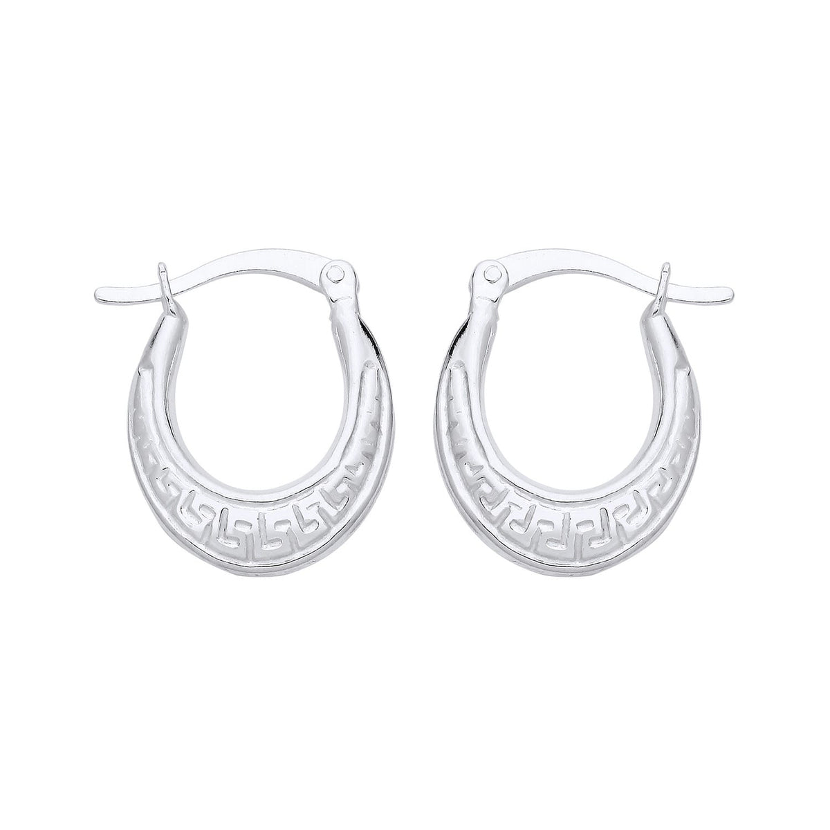 Silversmiths sterling silver oval Creole hoop earrings with Greek key design and hinged clasps on white background.