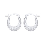 Silversmiths sterling silver oval Creole hoop earrings with Greek key design and hinged clasps on white background.