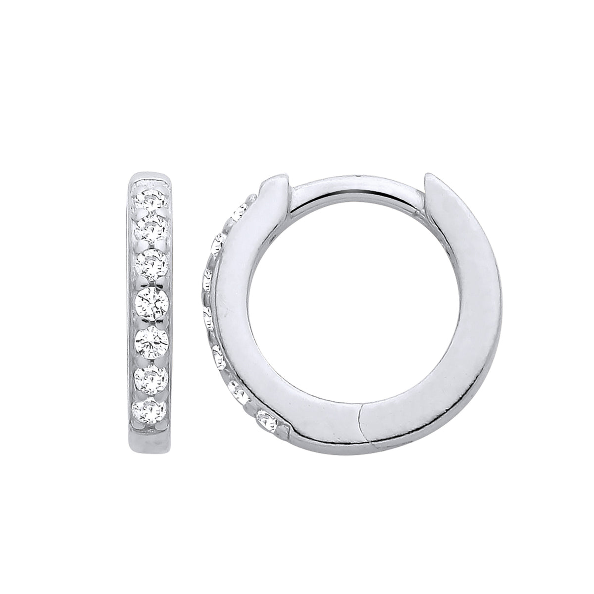 Silversmiths sterling silver huggie hoops with channel-set cubic zirconia shown from side and front angles.