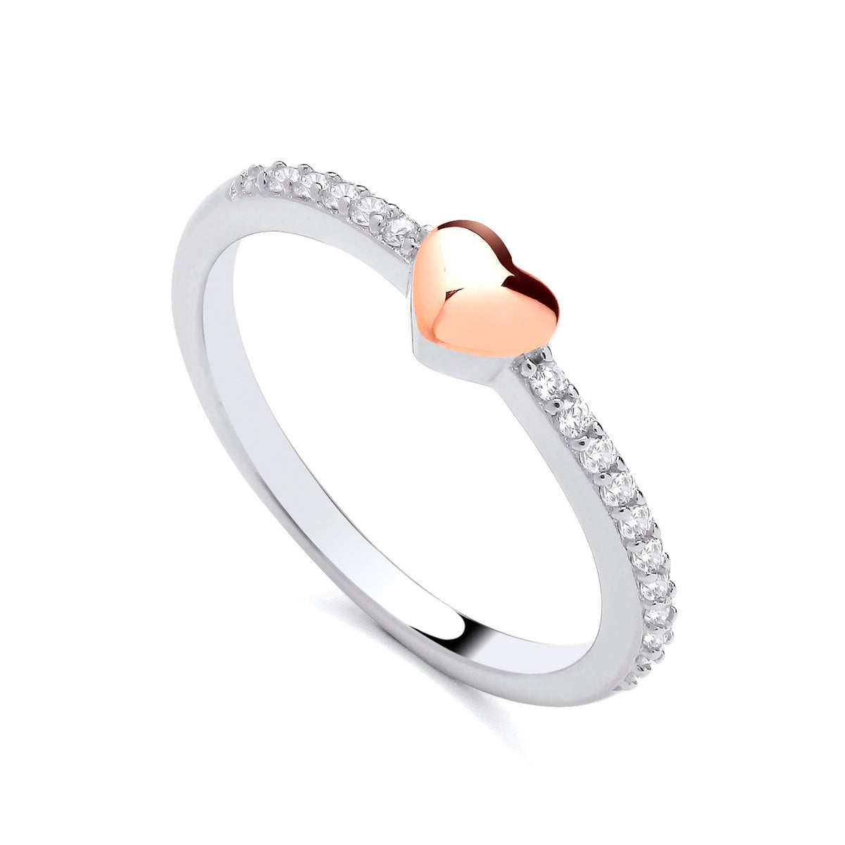 Rose gold plated heart sterling silver ring with a cubic zirconia pavé band.