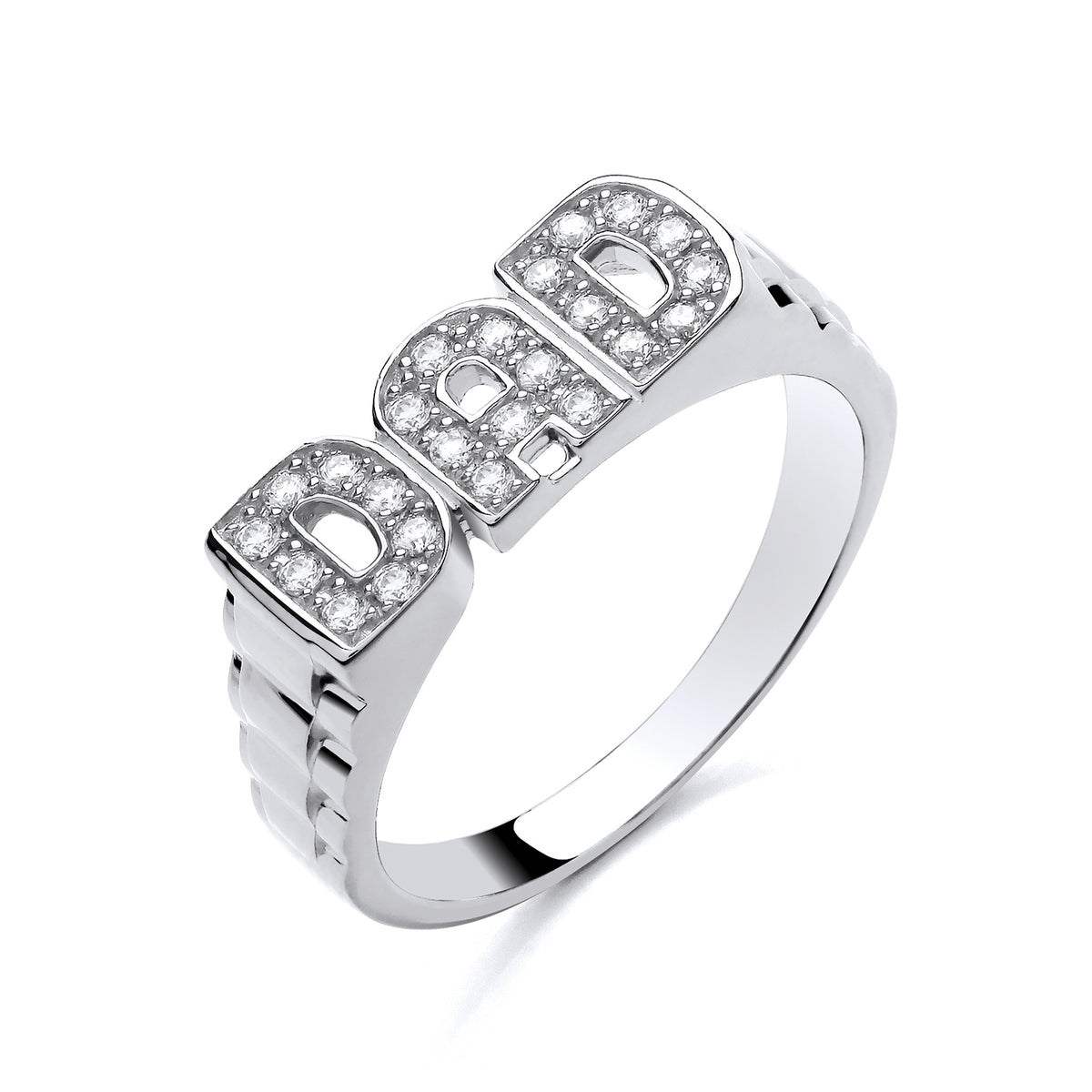 Silversmiths Men’s sterling silver ring with cubic zirconia spells DAD in bold letters and sparkling accents.
