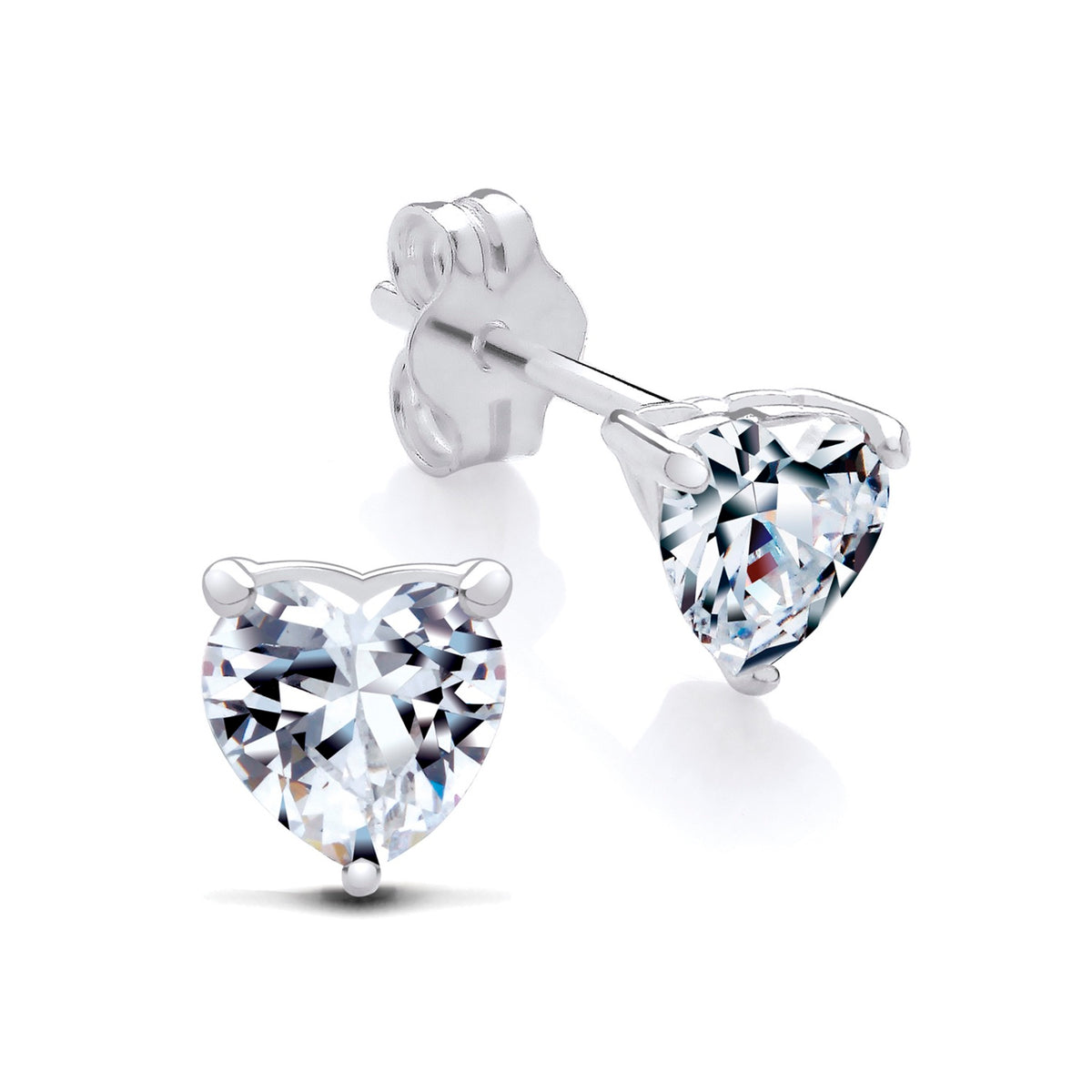 Silversmiths sterling silver stud earrings with 5mm heart-cut cubic zirconia stones.