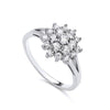 The Silversmiths ring features sterling silver and cubic zirconia stones arranged in a floral cluster pattern.