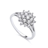 The Silversmiths ring features sterling silver and cubic zirconia stones arranged in a floral cluster pattern.