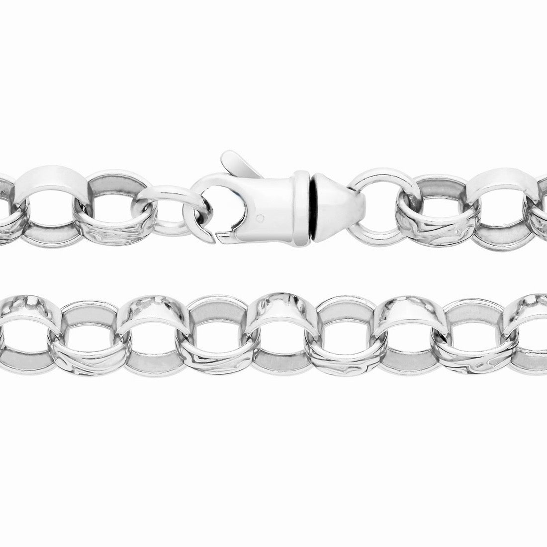 A 10.5mm sterling silver patterned Belcher chain necklace with a lobster clasp shown against a white background.