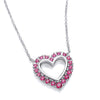 A sterling silver open heart necklace with a simulated ruby, shown on a white background.