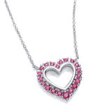 A sterling silver open heart necklace with a simulated ruby, shown on a white background.