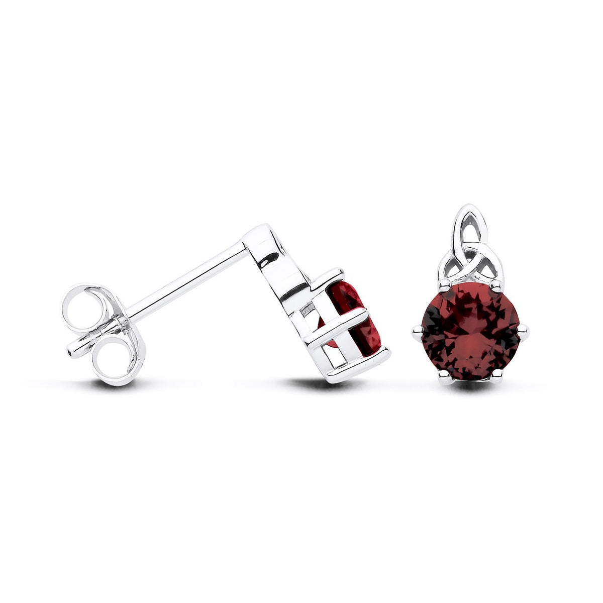 Silversmiths sterling silver Celtic stud earrings with simulated rubies, shown from front and side on white background.