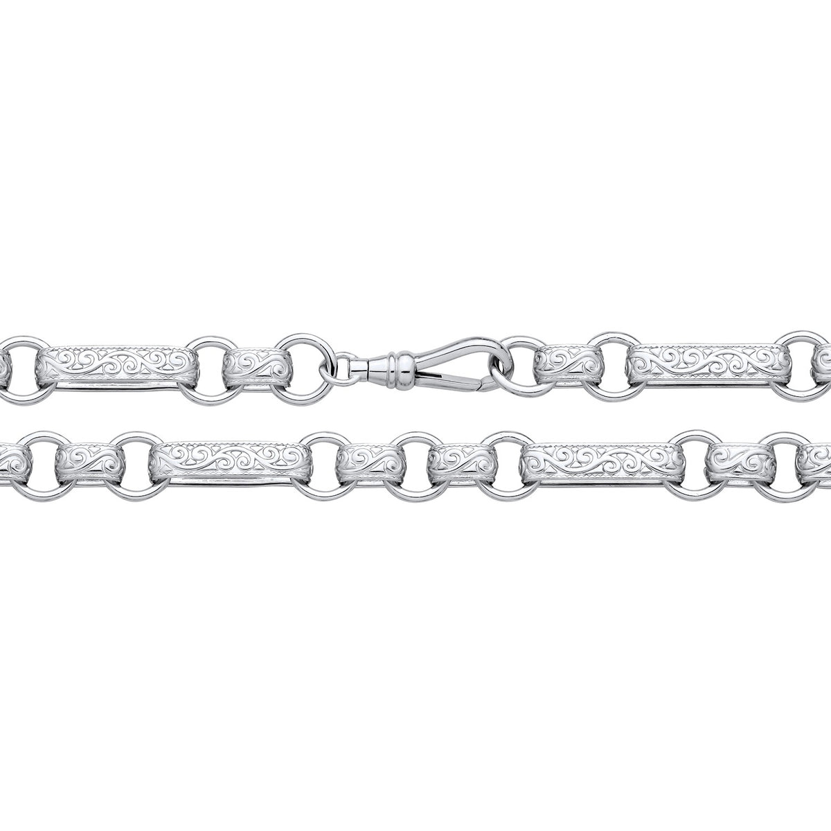 Sterling silver 9mm oblong belcher chain necklace with engraved links and a secure hook clasp.