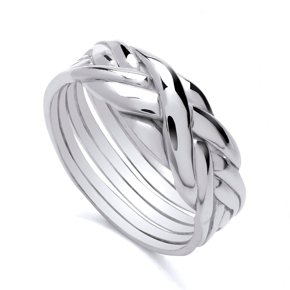 The Silversmiths Sterling Silver Puzzle Ring has interwoven bands and a polished finish, shown on a white background.