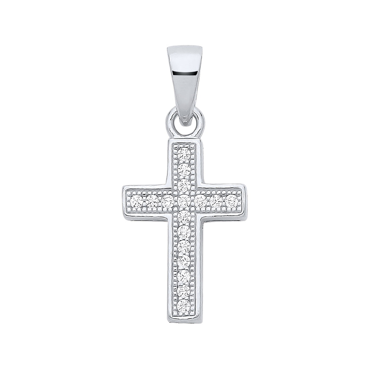 Silversmiths sterling silver cross pendant with a cubic zirconia center and framed edges on a white background.