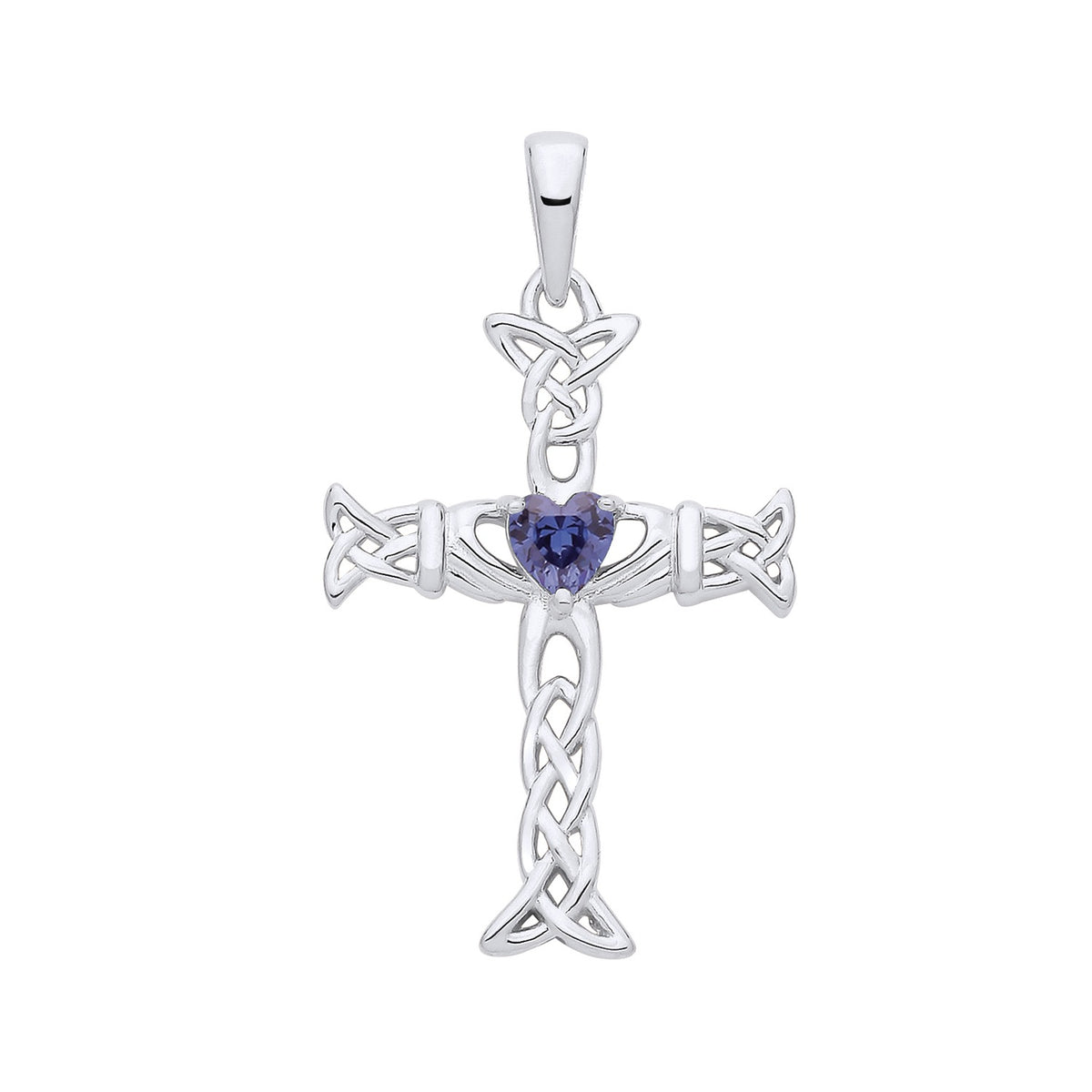 Sterling silver Claddagh Celtic cross pendant with a heart-shaped simulated tanzanite at the center.