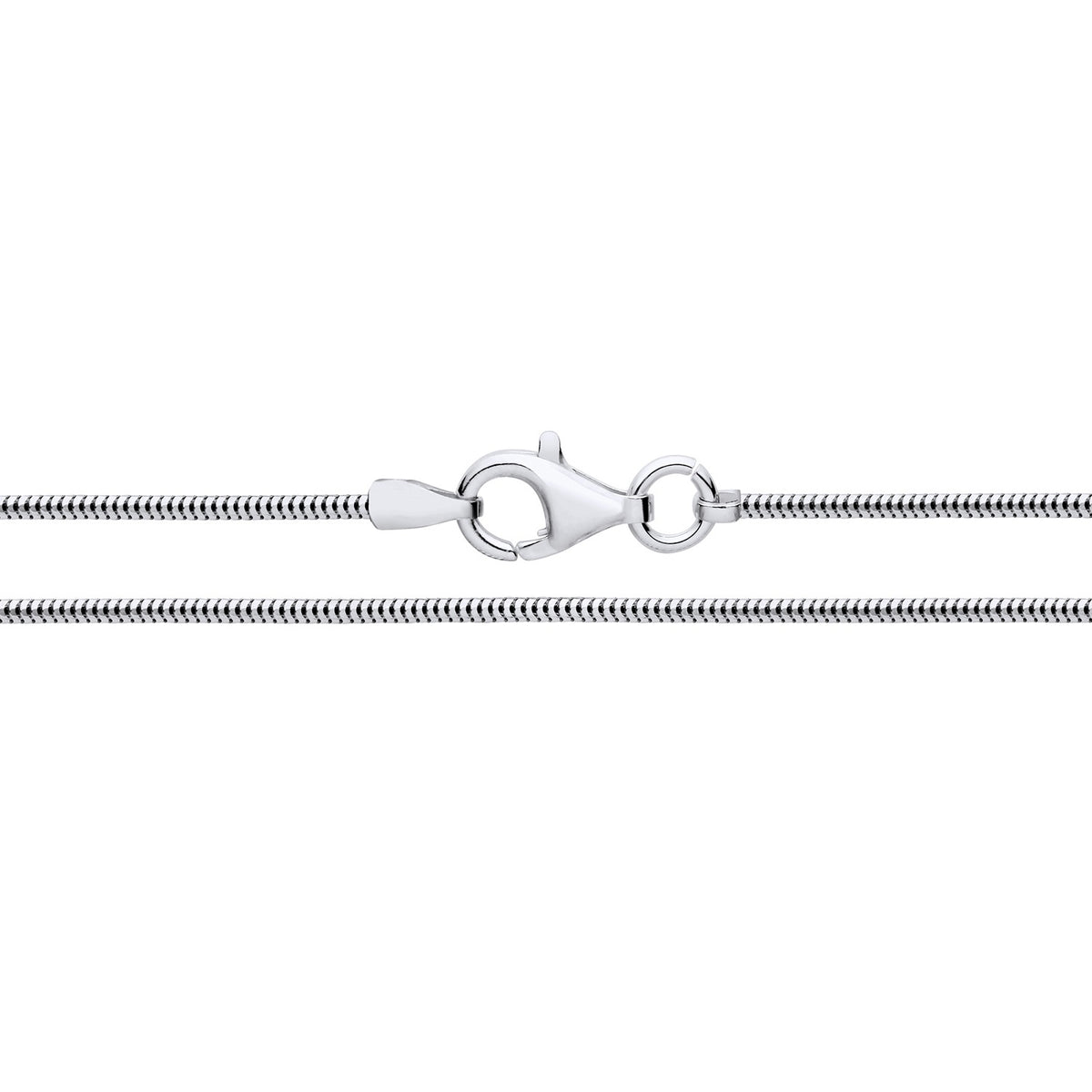 A 1.2mm sterling silver snake chain necklace with a lobster clasp is shown against a white background.