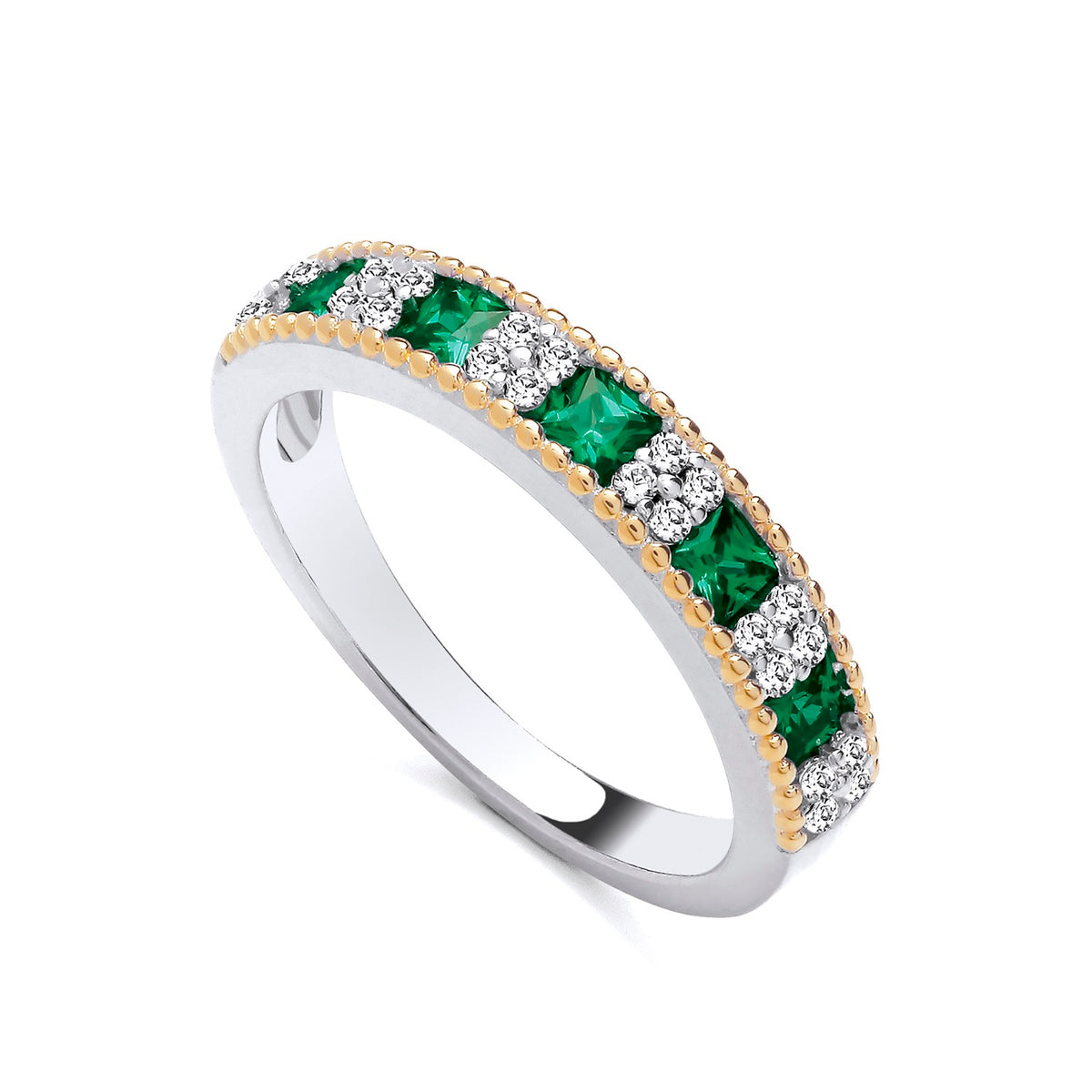 Silversmiths sterling silver two-tone eternity ring featuring square green and round clear stones on a band.
