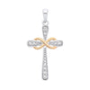 A sterling silver and 18ct gold CZ infinity knot cross pendant is shown against a white background.