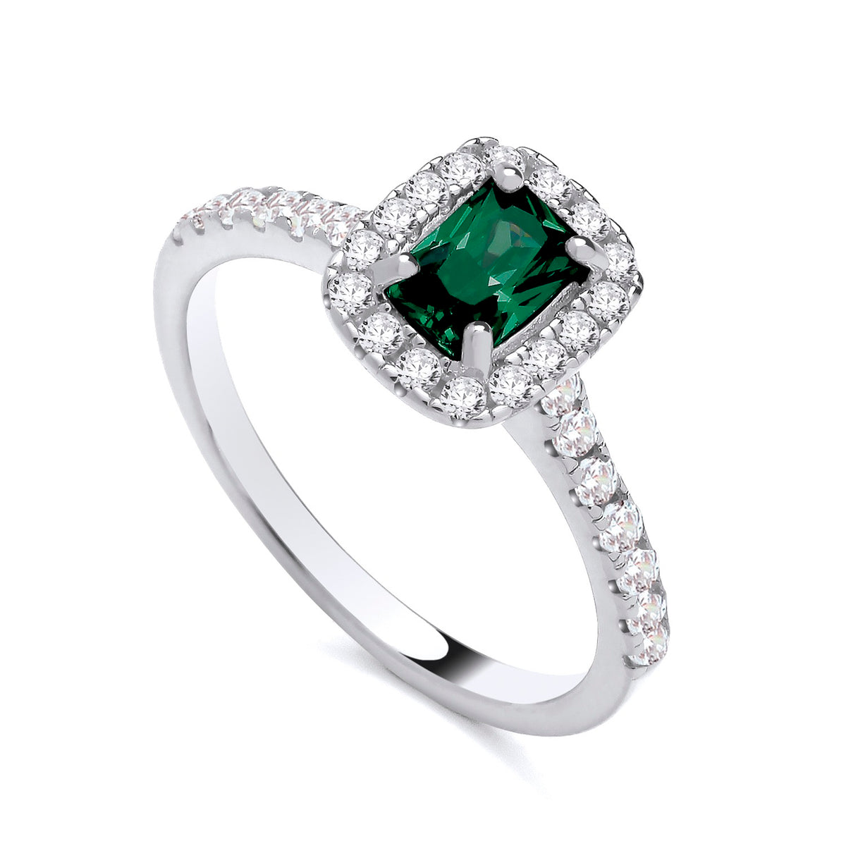 Silversmiths ring with a square green simulated emerald and CZ halo set in silver, featuring sparkling accents.
