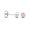 Sterling silver stud earrings with faceted simulated pink sapphires in bezel settings, front and side views.