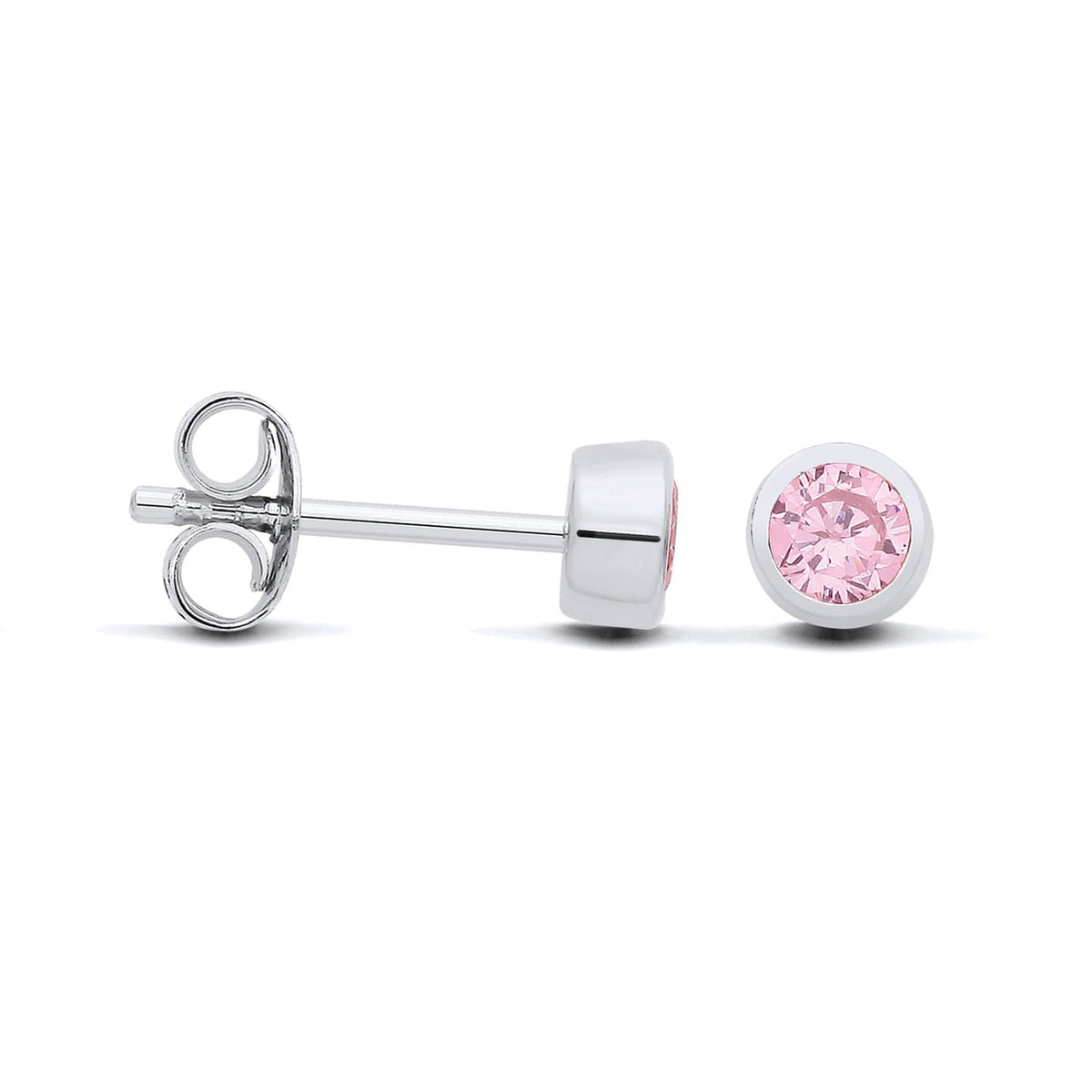 Sterling silver stud earrings with faceted simulated pink sapphires in bezel settings, front and side views.